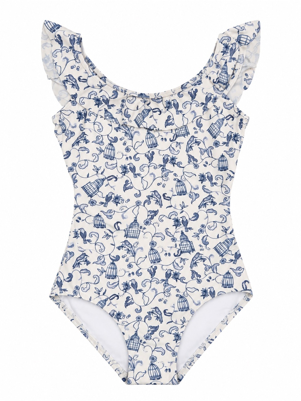 Hermoza White and Blue Floral Birdcage Girls' One-Piece Swimsuit